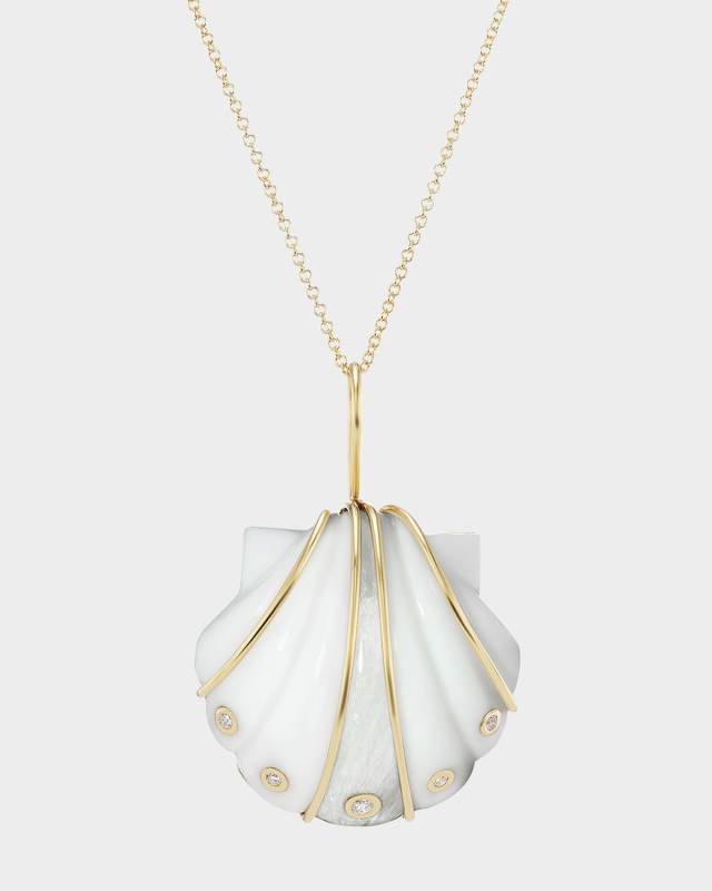 Mini Carved White Agate and Moonstone Shell Pendant Necklace